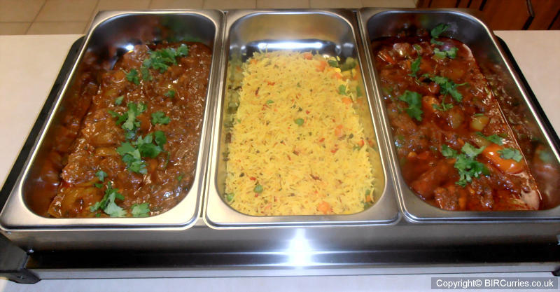 Chicken Dopiaza (left), Vegetable Pilau Rice, Chicken Jalfrezi (right)