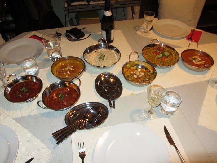 Curry night. Left to right Chicken madras, Chicken Tikka Patia, Chicken Tikka Korma, Pilau Rice, Veg Korma, Mushroom rice and CTM.