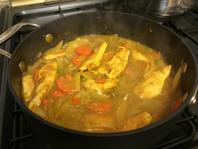 In the pan with chicken mixed veg carrots &amp; onions