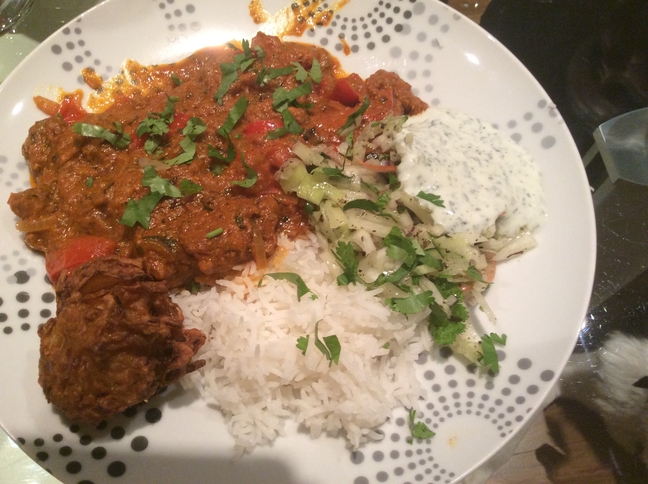 Lamb RG, Boiled rice, my own riata and onion bhaji along with onion salad