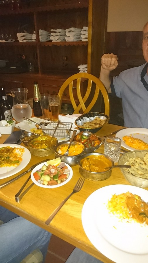 Chicken Jal-Frezi, King Prawn Vindaloo and Lamb Madras with Pilau rice and various naans.