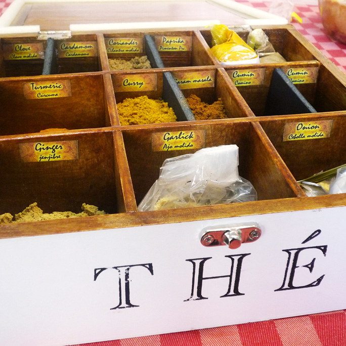 My spice box, currently all receptacles have been divided so more room for different spices. I bought a tea box, applied some varnish and let it dry. I keep it in fridge, no issues with bugs.