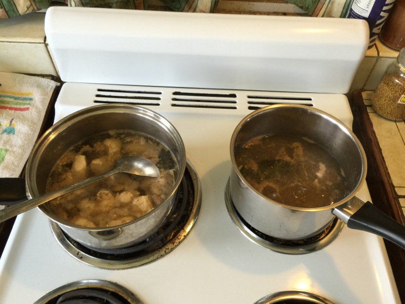 Cooked meats. Chicken and lamb in one pot and beef in the other